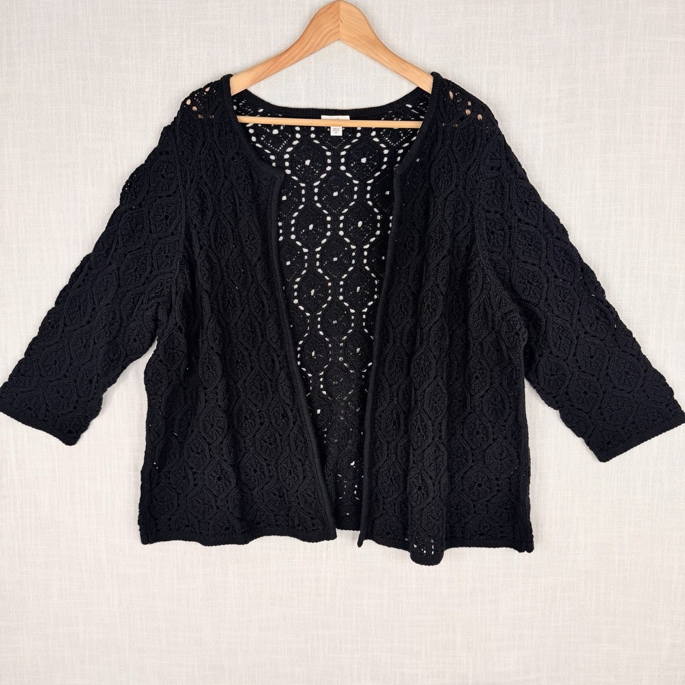 Jill Women's 2X Black Crochet Open Knit Cardigan Sweater 3/4 Sleeve Pointelle